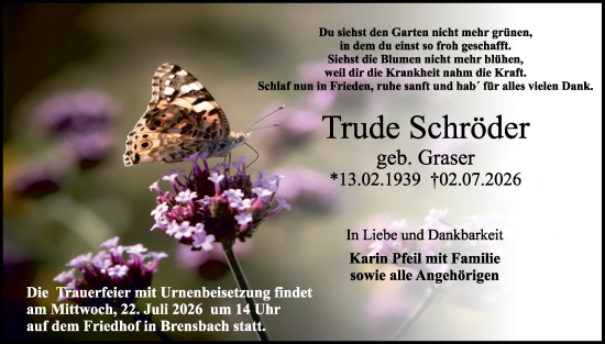 Traueranzeige von Trude Schröder von Odenwälder Echo