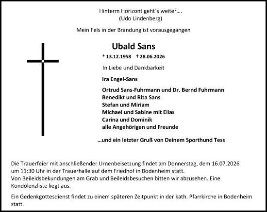 Traueranzeige von Ubald Sans von Allgemeine Zeitung Mainz