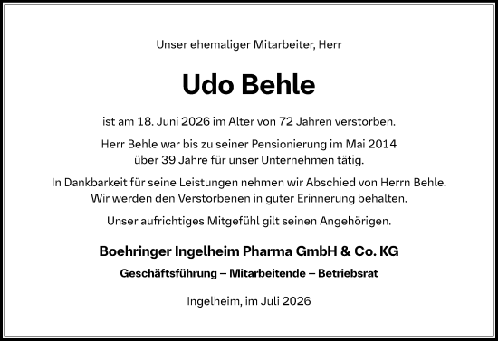Traueranzeige von Udo Behle von Allgemeine Zeitung Rheinhessen-Nahe