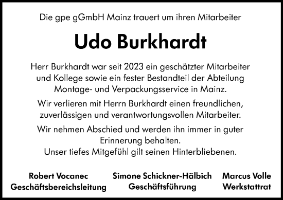 Traueranzeige von Udo Burkhardt von Allgemeine Zeitung Mainz