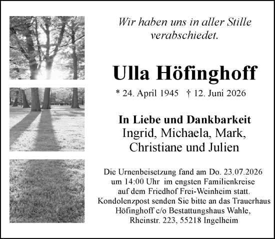 Traueranzeige von Ulla Höfinghoff von Allgemeine Zeitung Rheinhessen-Nahe