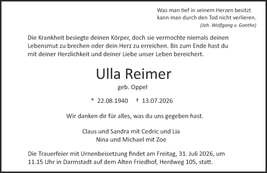 Traueranzeige von Ulla Reimer von Darmstädter Echo