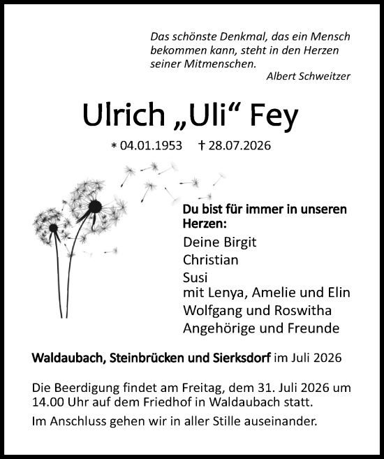 Traueranzeige von Ulrich Fey von Dill Block