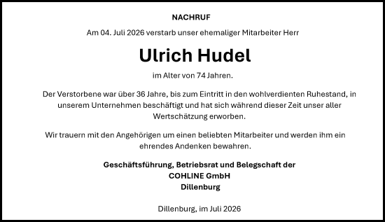 Traueranzeige von Ulrich Hudel von Dill Block