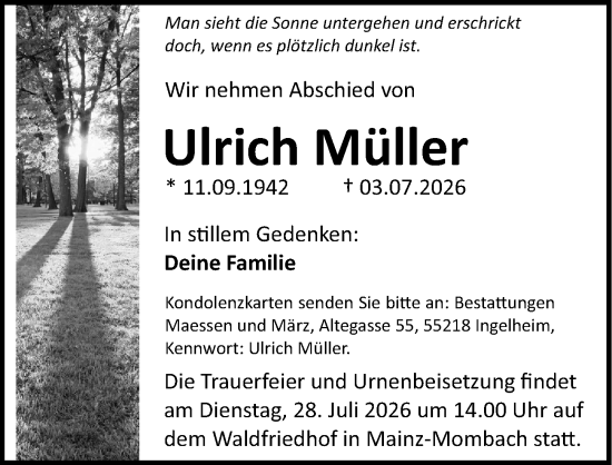Traueranzeige von Ulrich Müller von Allgemeine Zeitung Rheinhessen-Nahe