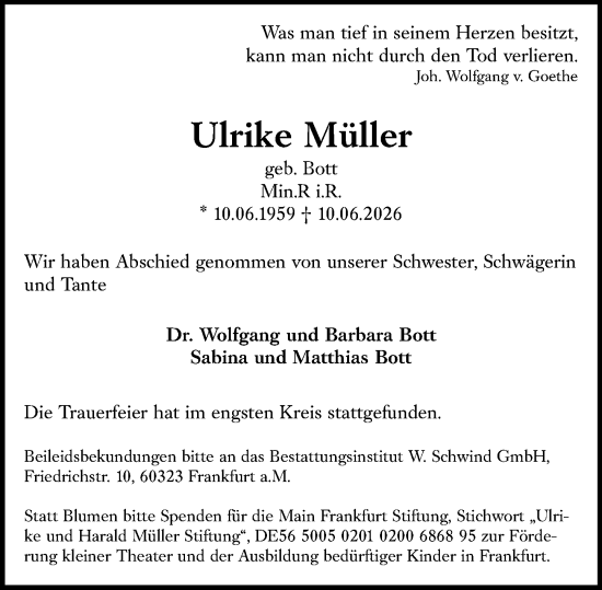 Traueranzeige von Ulrike Müller von Wiesbadener Kurier