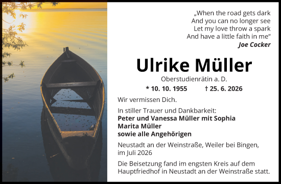 Traueranzeige von Ulrike Müller von Allgemeine Zeitung Rheinhessen-Nahe