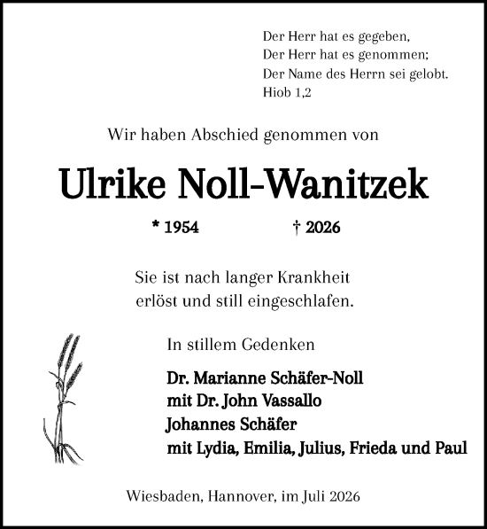Traueranzeige von Ulrike Noll-Wanitzek von Wiesbadener Kurier