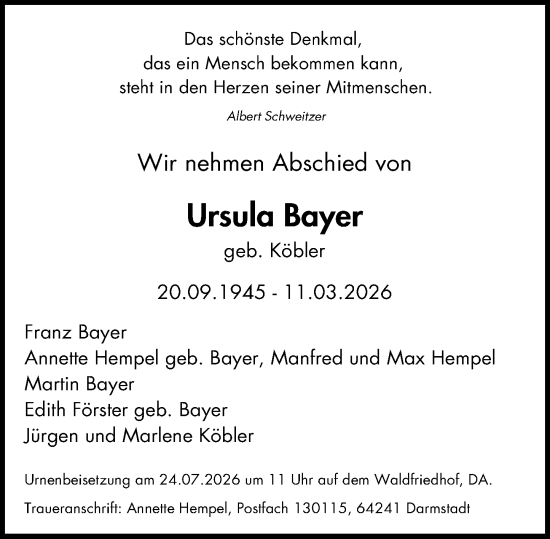 Traueranzeige von Ursula Bayer von Darmstädter Echo