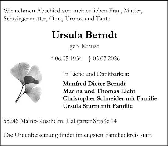 Traueranzeige von Ursula Berndt von Allgemeine Zeitung Mainz