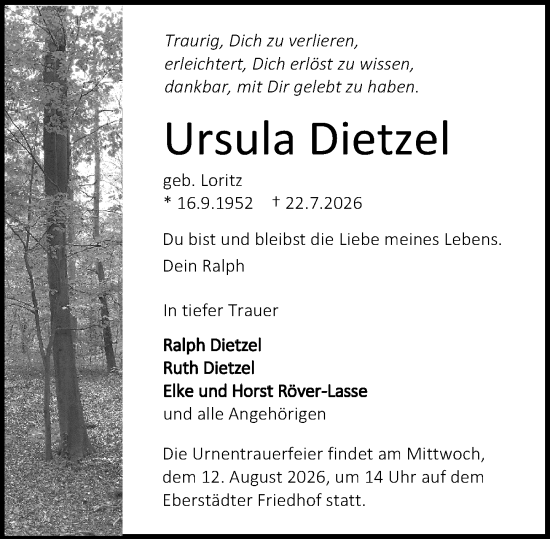 Traueranzeige von Ursula Dietzel von Darmstädter Echo