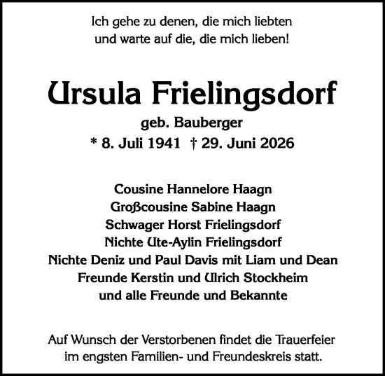 Traueranzeige von Ursula Frielingsdorf von Wiesbadener Kurier
