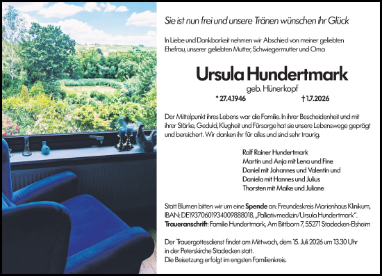 Traueranzeige von Ursula Hundertmark von Allgemeine Zeitung Mainz
