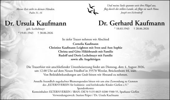 Traueranzeige von Ursula Kaufmann von Wetzlarer Neue Zeitung