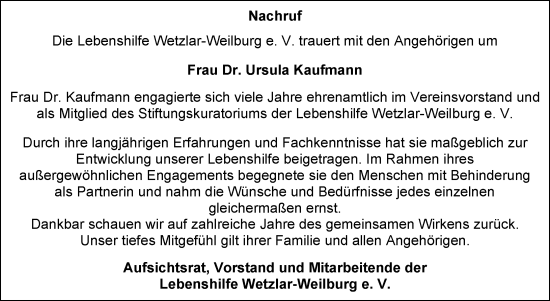 Traueranzeige von Ursula Kaufmann von Weilburger Tageblatt