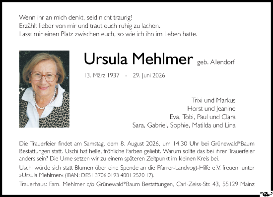 Traueranzeige von Ursula Mehlmer von Allgemeine Zeitung Mainz
