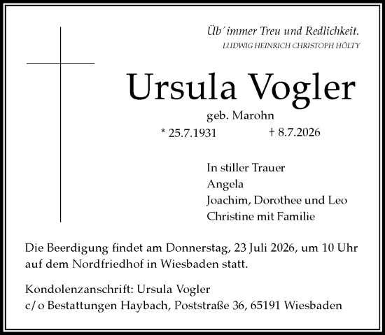 Traueranzeige von Ursula Vogler von Wiesbadener Kurier