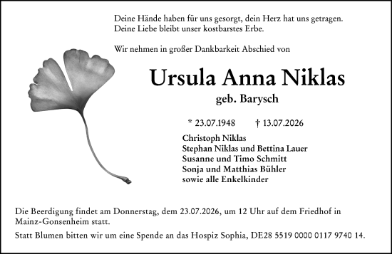 Traueranzeige von Ursula Anna Niklas von Allgemeine Zeitung Mainz