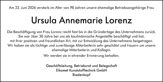 Traueranzeige von Ursula Annemarie Lorenz von Hinterländer Anzeiger
