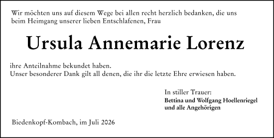 Traueranzeige von Ursula Annemarie Lorenz von Hinterländer Anzeiger