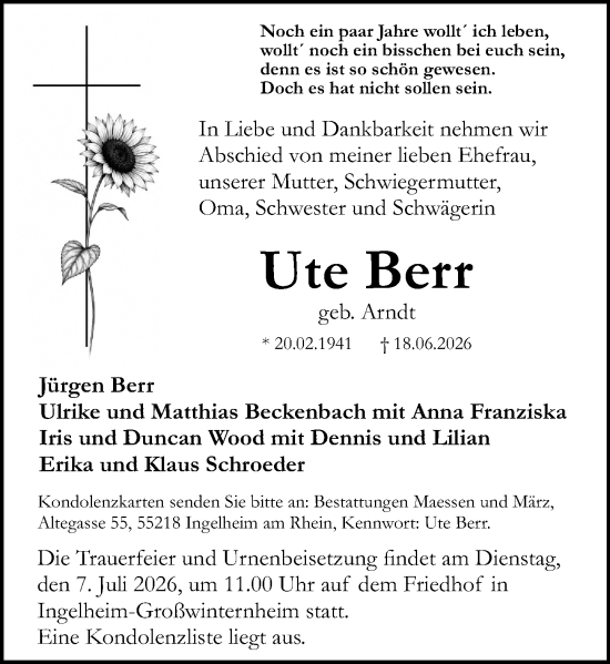 Traueranzeige von Ute Berr von Allgemeine Zeitung Rheinhessen-Nahe