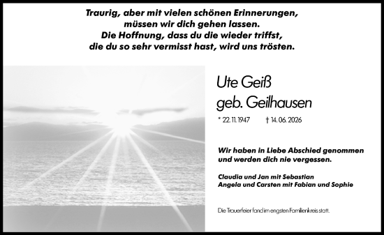 Traueranzeige von Ute Geiß von Weilburger Tageblatt