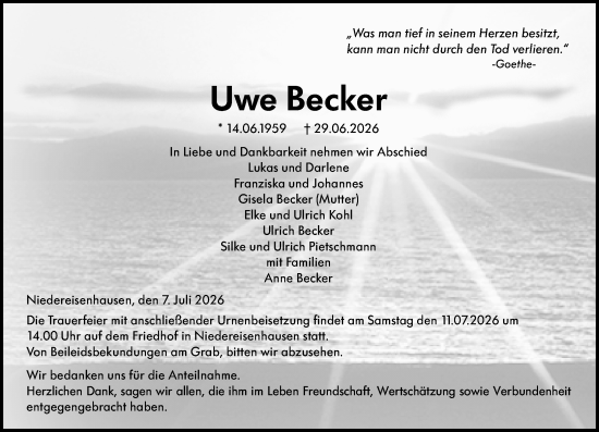 Traueranzeige von Uwe Becker von Hinterländer Anzeiger