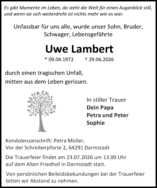 Traueranzeige von Uwe Lambert von Darmstädter Echo