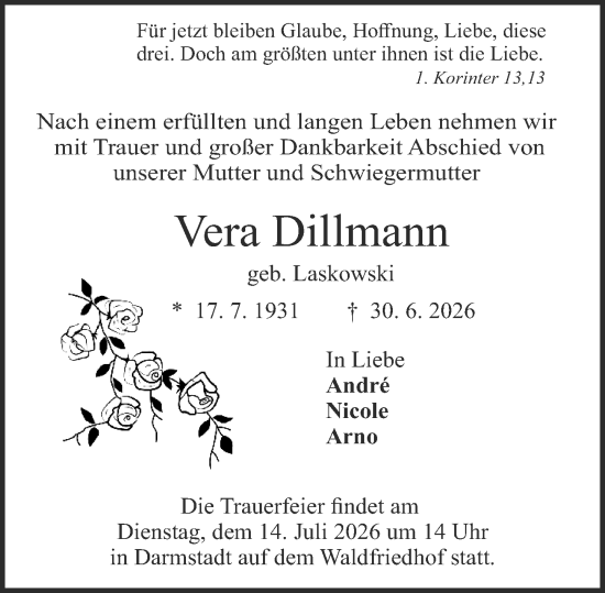 Traueranzeige von Vera Dillmann von Darmstädter Echo