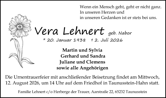 Traueranzeige von Vera Lehnert von Idsteiner Land/Untertaunus