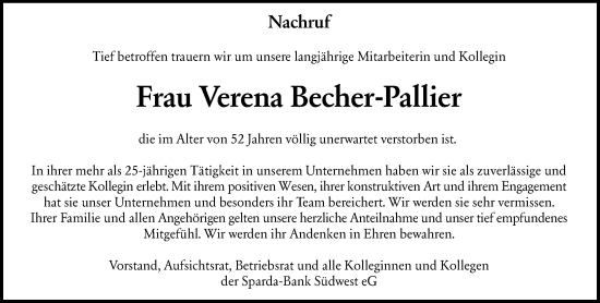 Traueranzeige von Verena Becher-Pallier von Allgemeine Zeitung Mainz