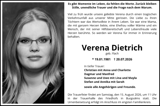 Traueranzeige von Verena Dietrich von Weilburger Tageblatt