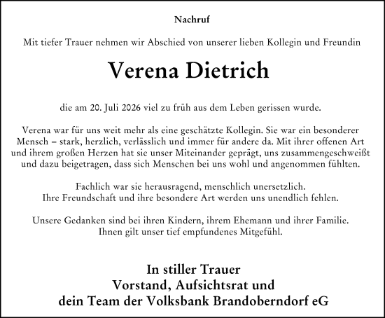 Traueranzeige von Verena Dietrich von Wetzlarer Neue Zeitung