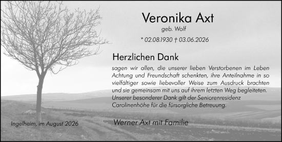 Traueranzeige von Veronika Axt von Allgemeine Zeitung Rheinhessen-Nahe