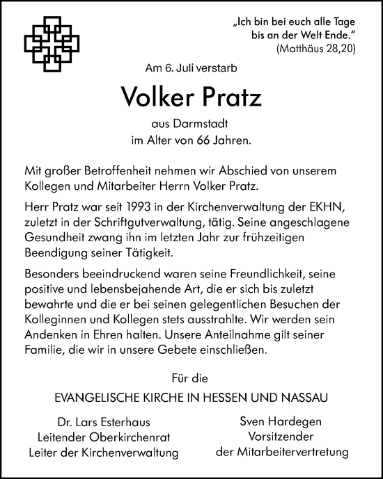 Traueranzeige von Volker Pratz von Darmstädter Echo