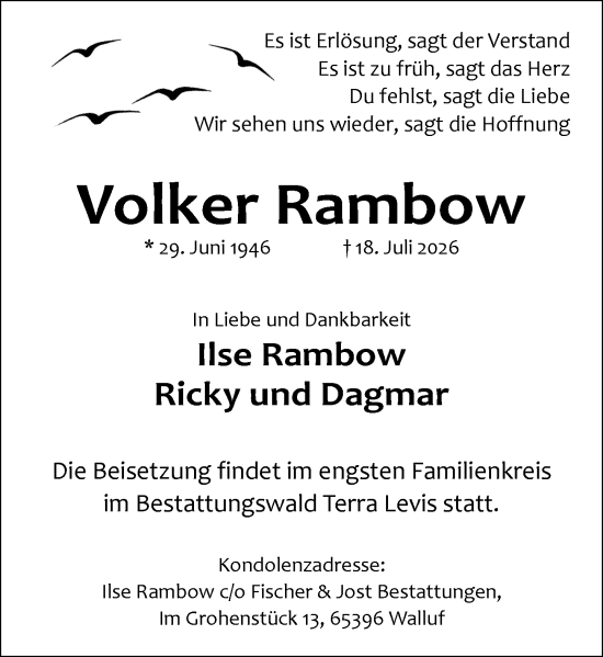 Traueranzeige von Volker Rambow von Wiesbadener Kurier