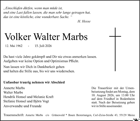 Traueranzeige von Volker Walter Marbs von Allgemeine Zeitung Mainz