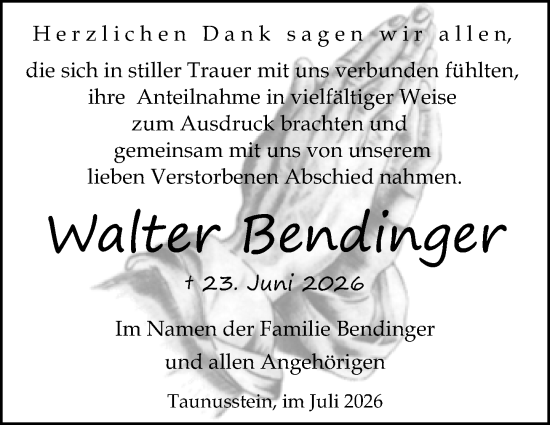 Traueranzeige von Walter Bendinger von Idsteiner Land/Untertaunus