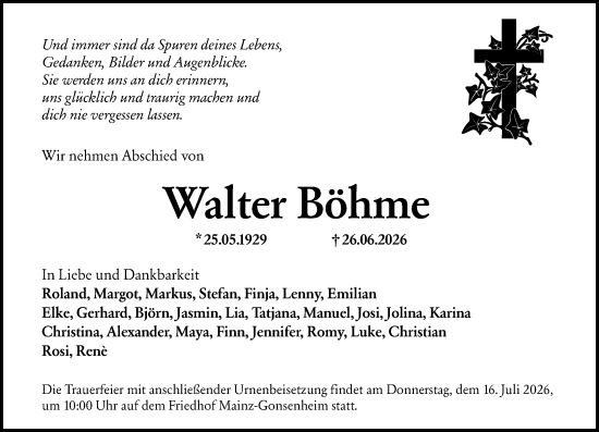 Traueranzeige von Walter Böhme von Allgemeine Zeitung Mainz