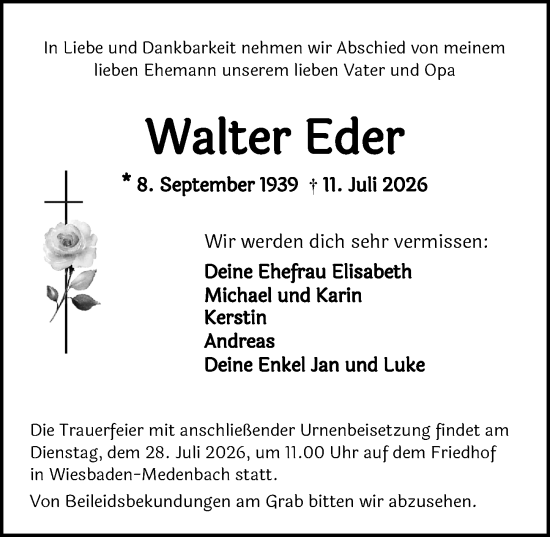 Traueranzeige von Walter Eder von Wiesbadener Kurier