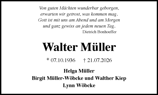 Traueranzeige von Walter Müller von Rheingau Kurier