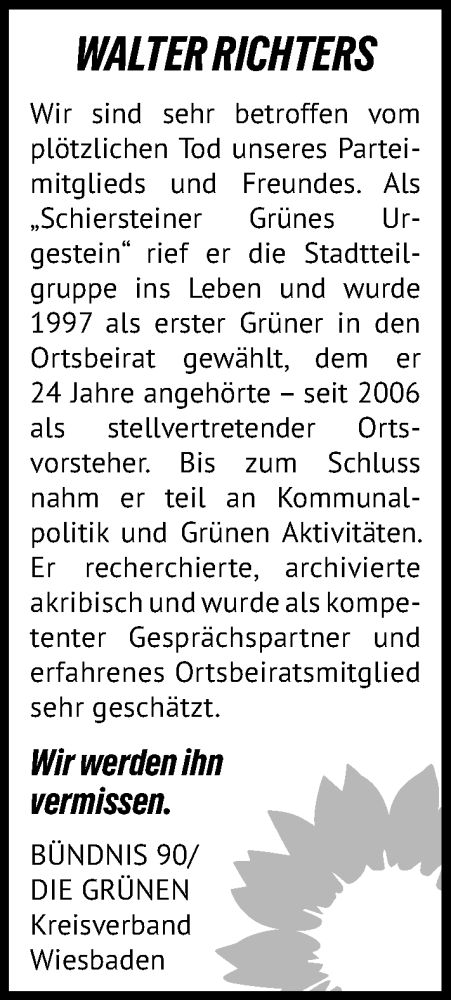 Traueranzeige von Walter Richters von Wiesbadener Kurier