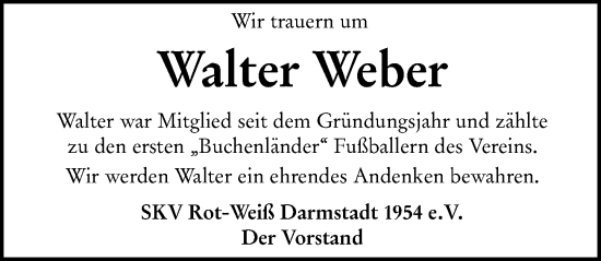 Traueranzeige von Walter Weber von Darmstädter Echo