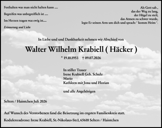 Traueranzeige von Walter Wilhelm Krabiell von Camberger Anzeiger