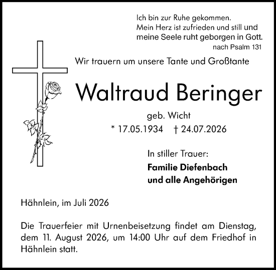 Traueranzeige von Waltraud Beringer von Darmstädter Echo