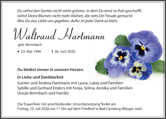 Traueranzeige von Waltraud Hartmann von Camberger Anzeiger
