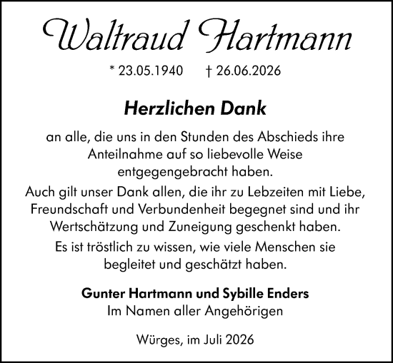 Traueranzeige von Waltraud Hartmann von Camberger Anzeiger