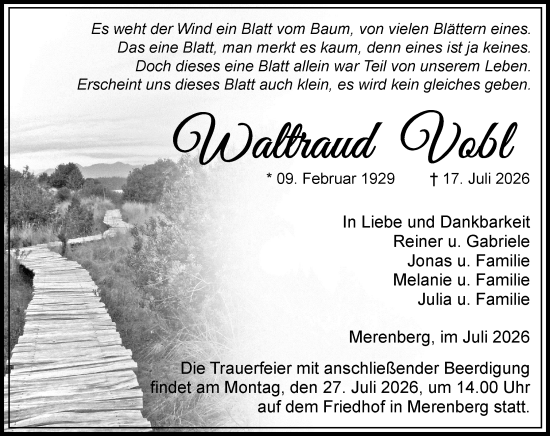 Traueranzeige von Waltraud Vobl von Weilburger Tageblatt