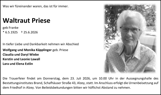 Traueranzeige von Waltraut Priese von Allgemeine Zeitung Alzey