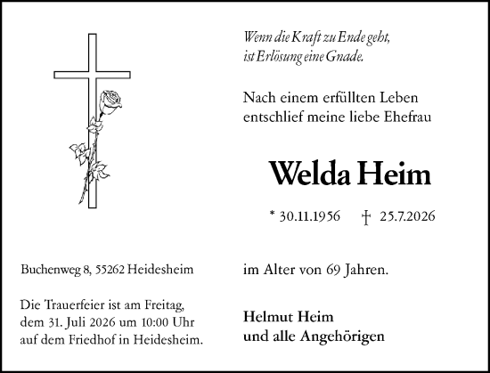 Traueranzeige von Welda Heim von Allgemeine Zeitung Rheinhessen-Nahe